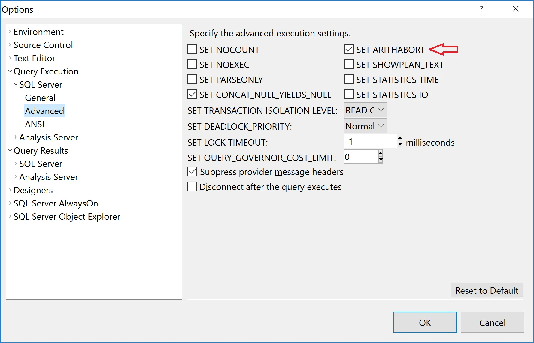 SQL Management Studio settings