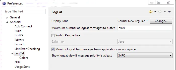 eclipse Logcat preferences