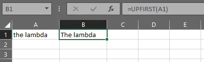 calling UPFIRST lambda function in excel's sheet