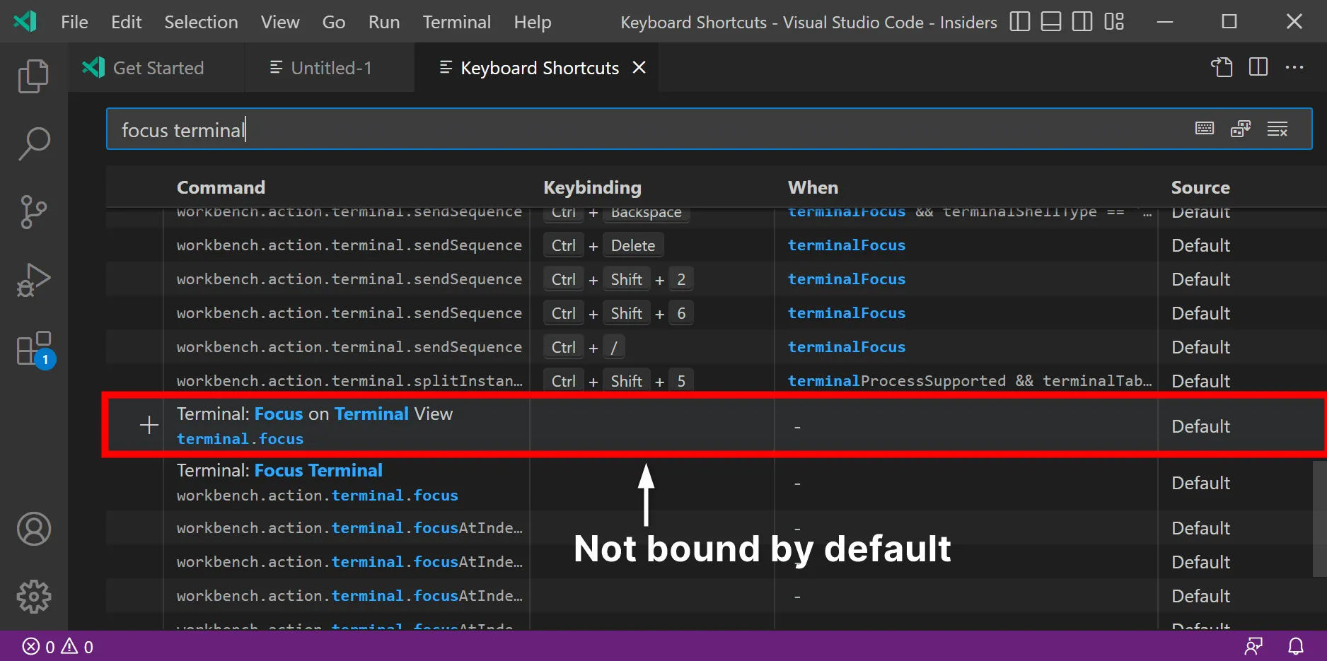 Ctrl+` is not bound by default