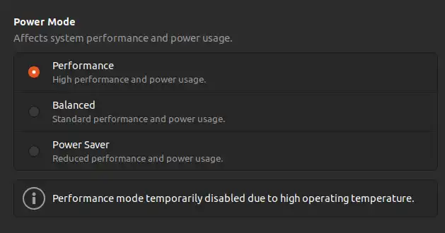 screenshot showing Ubuntu saying that performance mode is temporarily disabled due to high operating temperature