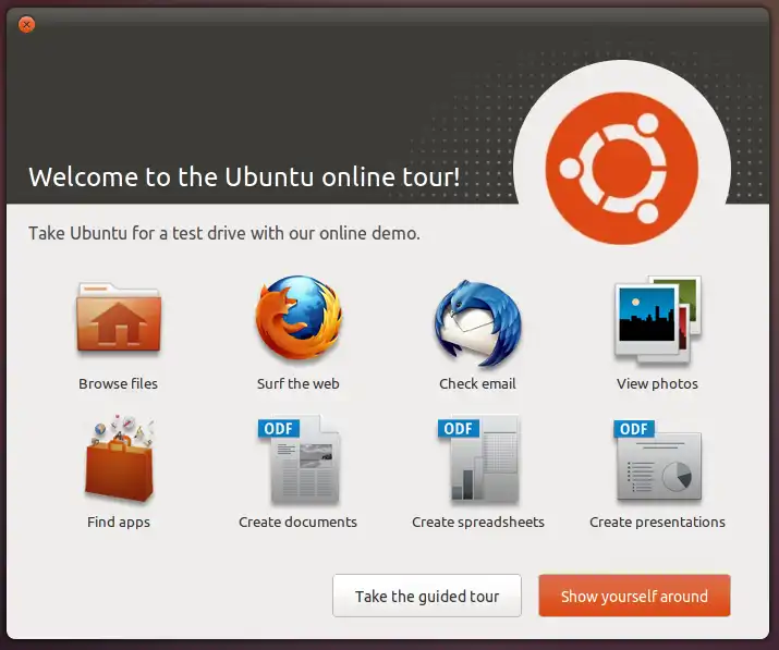 Welcome window of Ubuntu Unity Tour