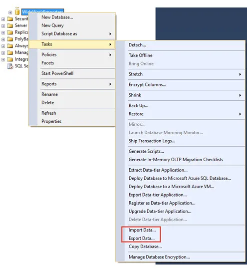 Selecting the data export tool from the SSMS object explorer