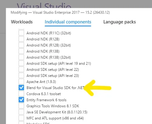 Screenshot of VS2017 installer window showing component to select