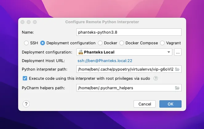 PyCharm's "Configure Remote Python Interpreter" window
