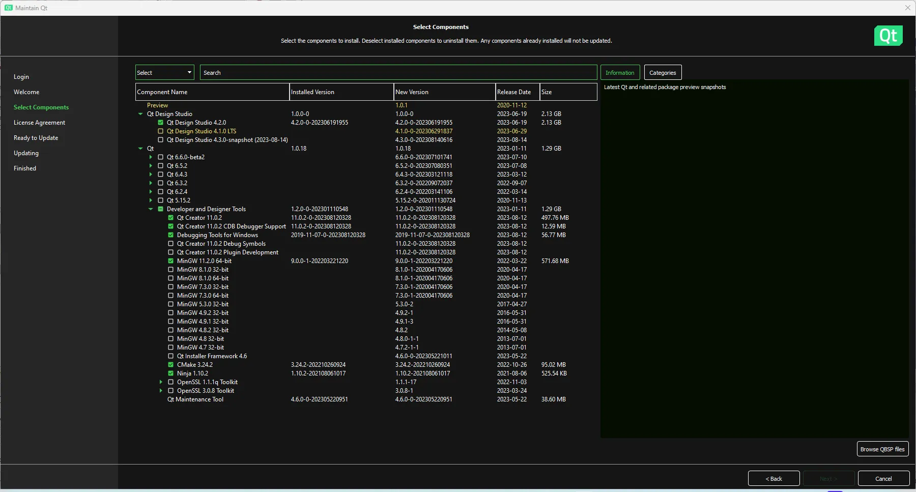 screenshot of components selected during Qt installation