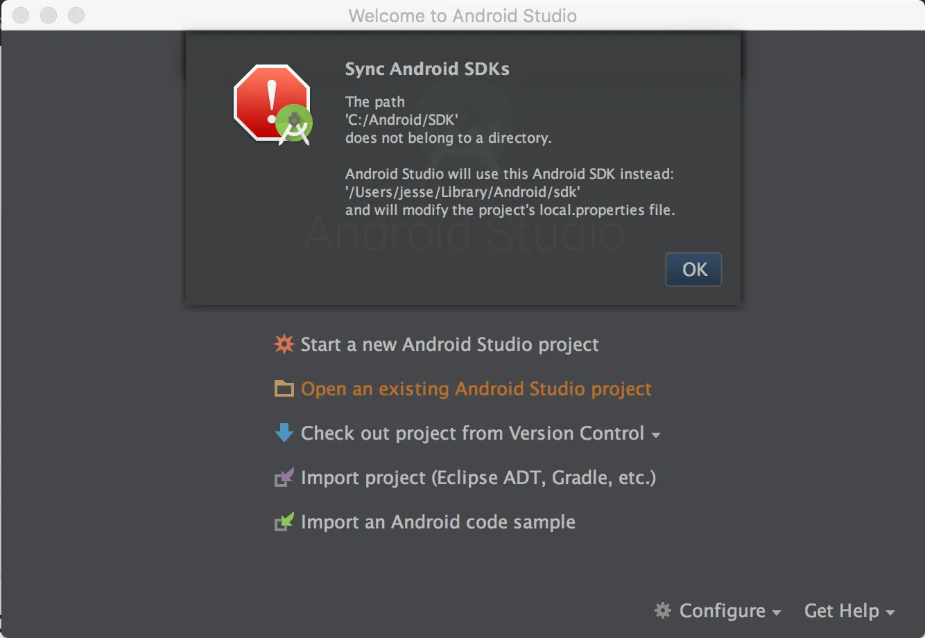 New Android Studio install wants to rewrite SDK location