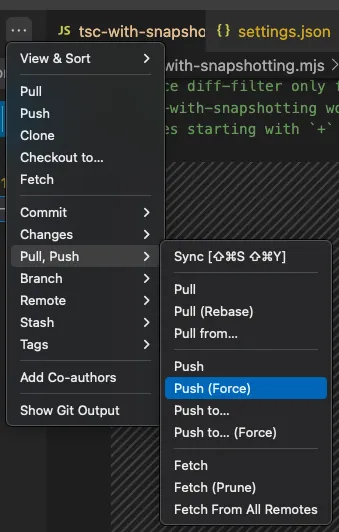 vscode git gui extension push/pull dropdown menu "force push" option