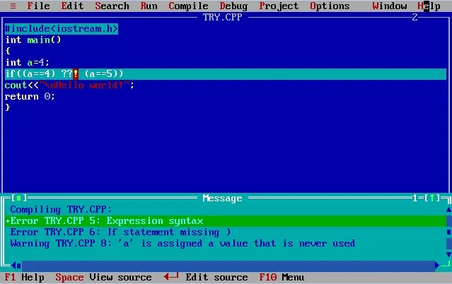 使用Turbo C++编译三字符程序的屏幕截图