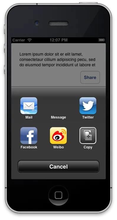 iOS6中分享界面的屏幕截图