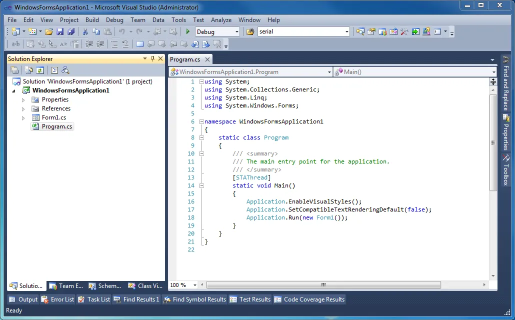 Visual Studio 2010 with Solution Explorer docked