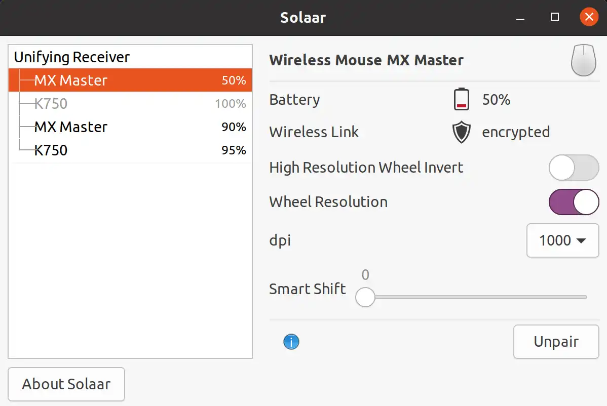 screenshot of Solaar configuration