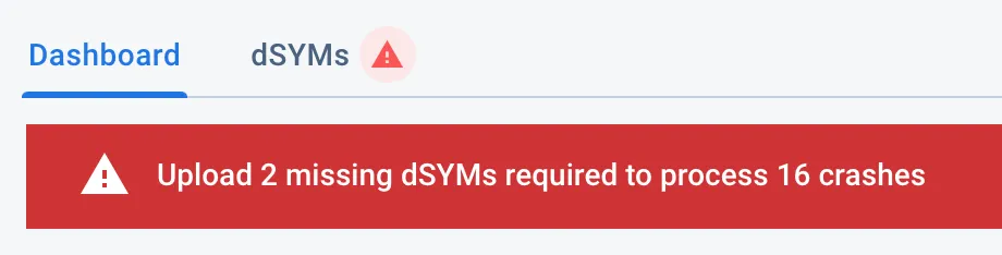 screenshot of firebase error about missing dsyms