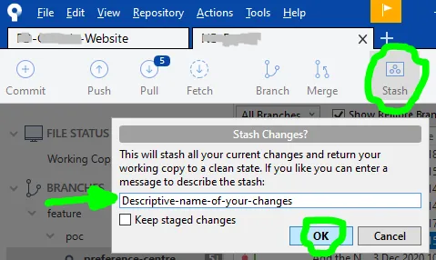 Sourcetree window with Stash button highlighted and dialog popup showing input to name your stash with OK button highlighted