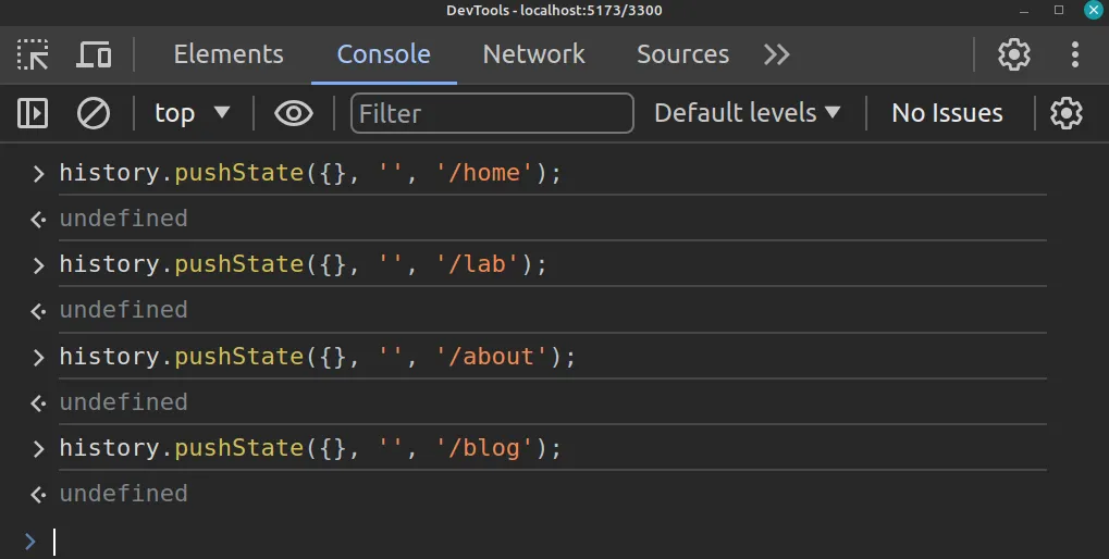 Add history to the browser manullay using history.pushState() in the console