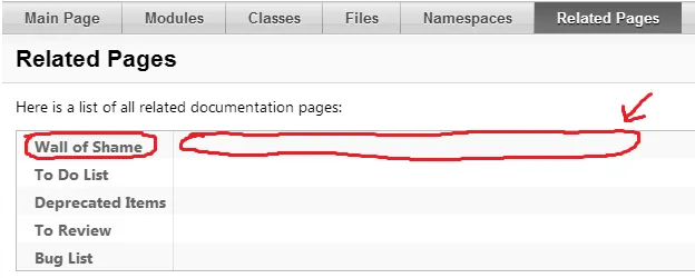“相关页面”，带有“Wall of Shame”链接。请注意空白的描述字段。