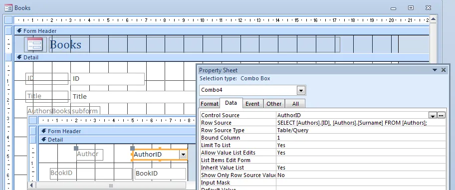 Subform combo and properties