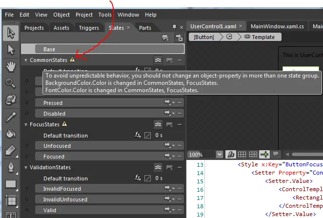 Expression Blend warning about changing the same object-property in more than one state group