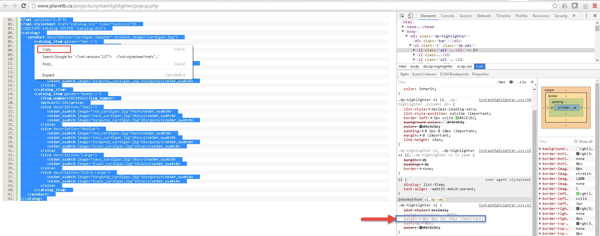 Result of syntax-highlighted XML