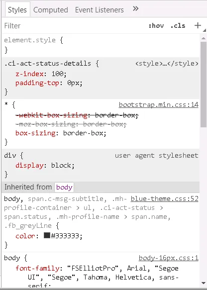 CSS rules, some on a grey background