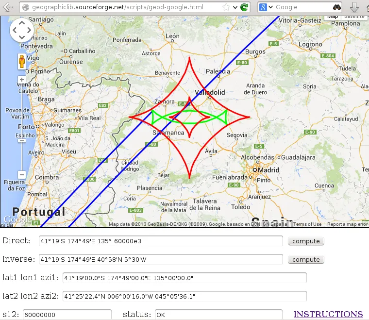 sample geodesic starting in New Zealand and wrapping 1.5 times round the world