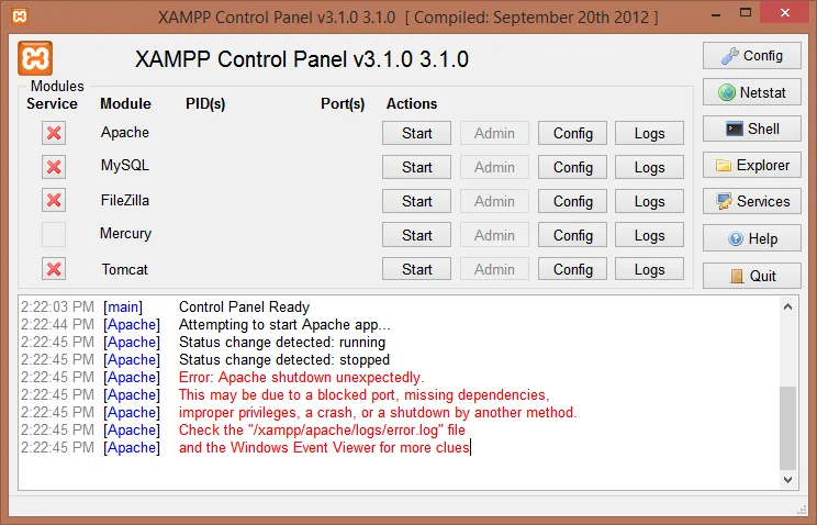 Xampp Control Panel Apache Error