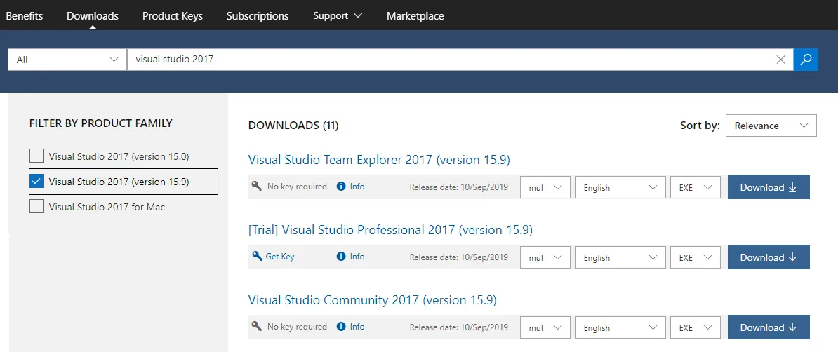 “Downloads”页面显示搜索结果，筛选到Visual Studio 2017（版本15.9）