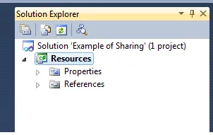 显示一个示例解决方案的Solution Explorer，其中包含名为 *Resources* 的项目
