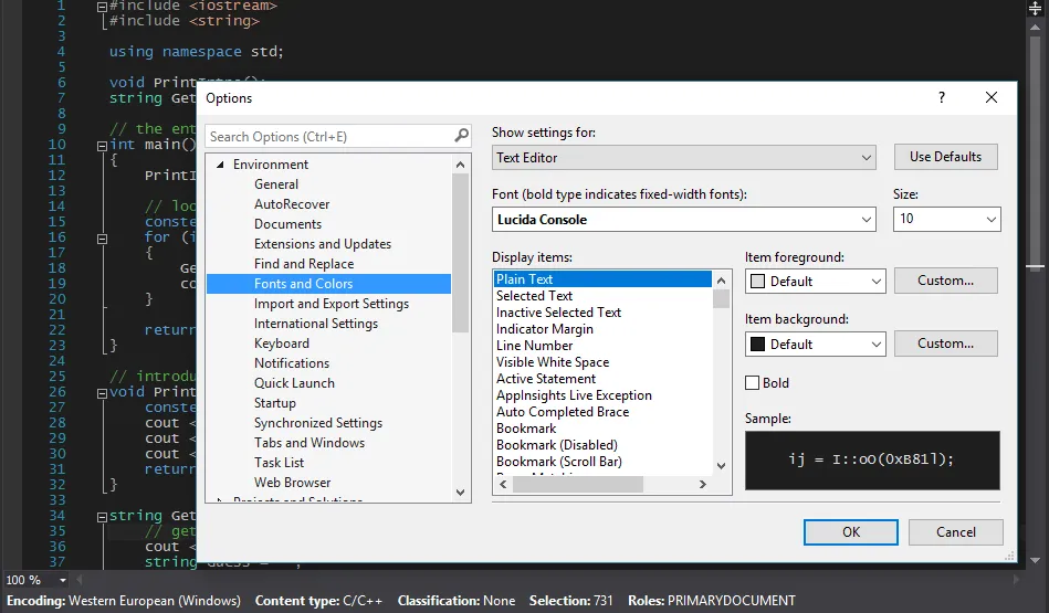 VS2015 change font issue - Lucida font