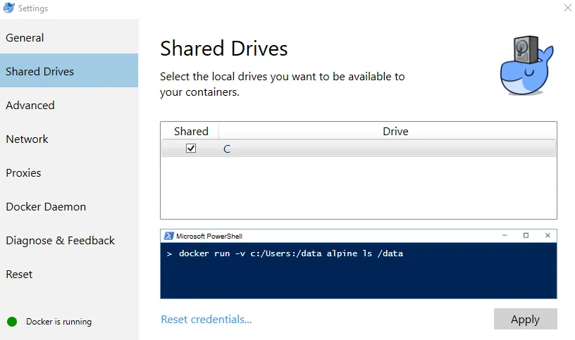Docker shared drive settings