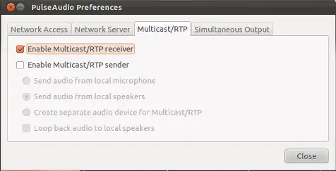 paprefs screenshot showing "enable multicast/rtp receiver" checked