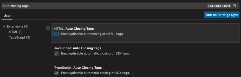 Text Editor - Auto Closing Tags setting