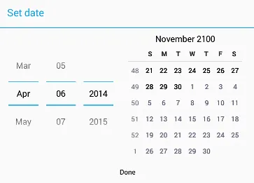 as you see date spinner is proper, but calendar view is on year 2100 november