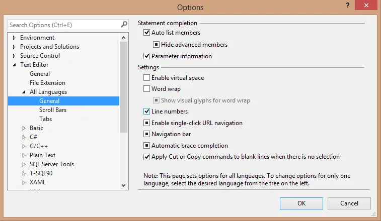 Visual Studio 2013 Line Numbers Option Menu