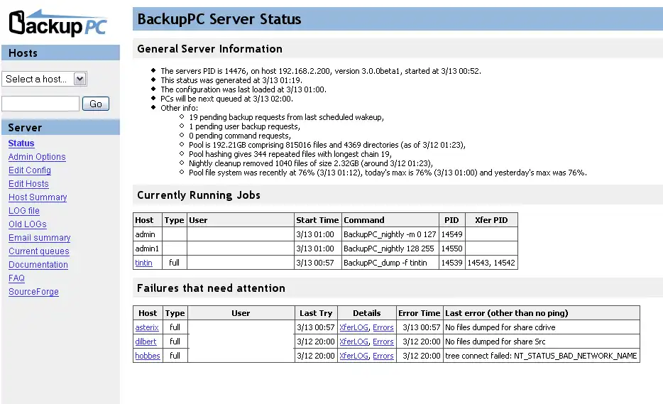 BackupPC Web Interface - Server Status Page